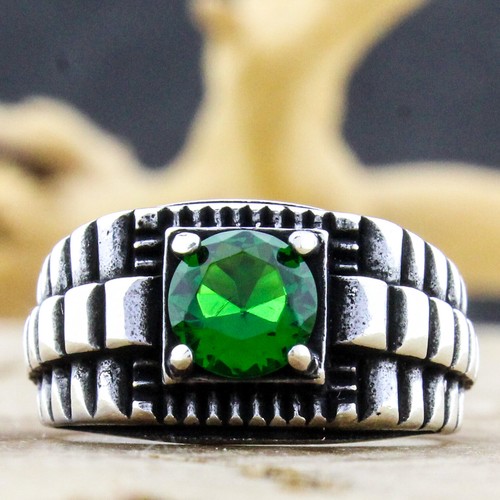 925 Sterling Silver Turkish Handmade Emerald Watch Design Men's Ring All Sizes - Picture 9 of 10