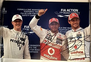 Michael Schumacher Lewis Hamilton & Jenson Button Hand Signed 12 x 8 Photograph