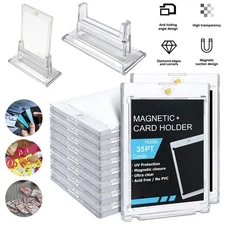 1-10X 35pt Magnetic Trading Sports Card Holders Clear Acrylic  + Display Stands