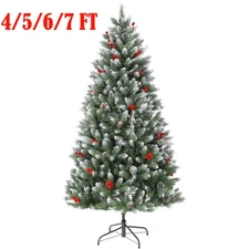 4/5/6/7FT Pre-Lit Artificial Christmas Tree w/Pine Cones & Berries Foldable Base