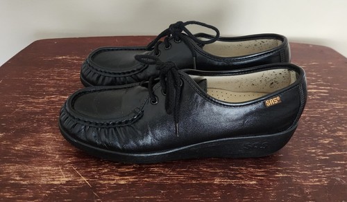SAS Siesta Black Leather Comfort Lace Up Made In USA Women Size 9M Loafers Shoes - Picture 2 of 7