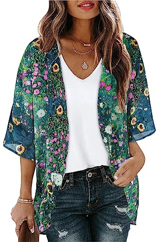 Women's Floral Print Puff Sleeve Kimono Cardigan Loose Cover Up Medium Green - Picture 2 of 7