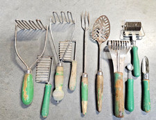 Lot Of 10 Green Painted Wood Handle Vintage Kitchen Cooking Baking Utensils