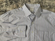 Brooks Brothers Shirt Mens 16.5 34 Blue Red Striped Regent Button Up Non Iron