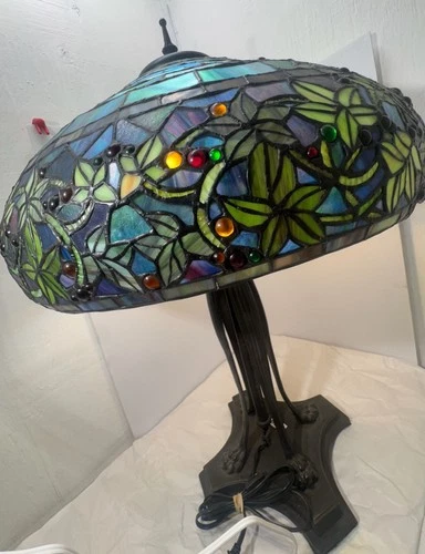 Large Vintage Stained Glass Tiffany Style Table Lamp With Metal Base
