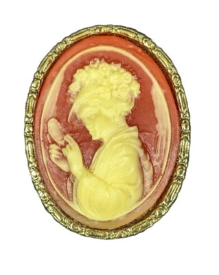 Vintage Cameo Brooch Pin Gold Tone Woman Looking In Mirror 