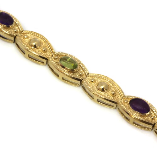 3 ctw Natural Purple Amethyst & Green Peridot Solid 14k Yellow Gold Bracelet 7" - Picture 9 of 10