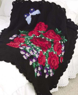 Häkelanleitung Kopie 4153.    Afghanischer Überwurf mit Blumenmuster.   43 x 51 Zoll. Aran