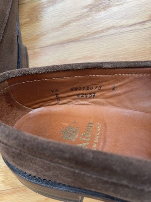 Alden 6245F LHS / Penny loafer is built on the Van last. The model has a dark brown Suede leather upper with a single flex welt leather outsole.