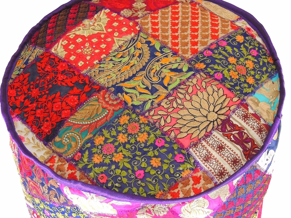Bohemian Embroidered Round Pouf Floor Seat Cover - Traditional Large Ottoman 18" - Image 2 of 4