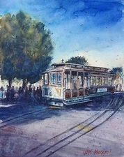 Original Watercolor  Painting "Awaiting" Historic Cablecar 11" x 14" NOT A PRINT