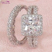 Wuziwen 4CT CZ Princess Cut Engagement Wedding Ring Set Bridal Set 925 Silver