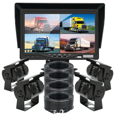 7'' HD Quad Split Monitor +4x 4PIN IR CCD Backup Rear View Camera For Bus Truck