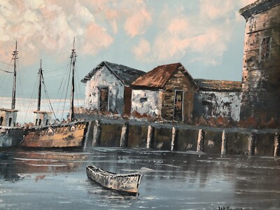中古】M▽W.JONES 油絵 漁港 船 海 港 (37866) Gorgeous Vintage