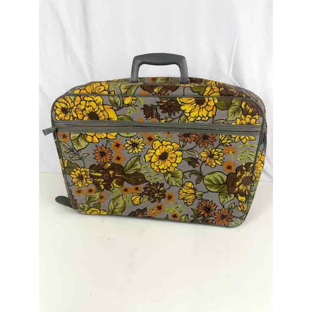 VTG Bantam Floral Green Yellow Daisy Travelware Canvas Suitcase 70s Luggage