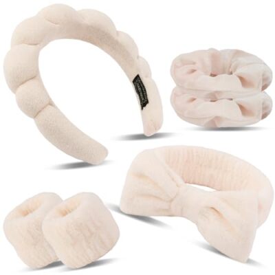 6pcs Spa Headband Sponge Face Wash Headband and Wristband Makeup Head Khaki