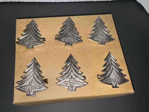 Set of 6 Tahari Christmas Tree Napkin Rings New in Box Silver tone - Picture 3 of 13