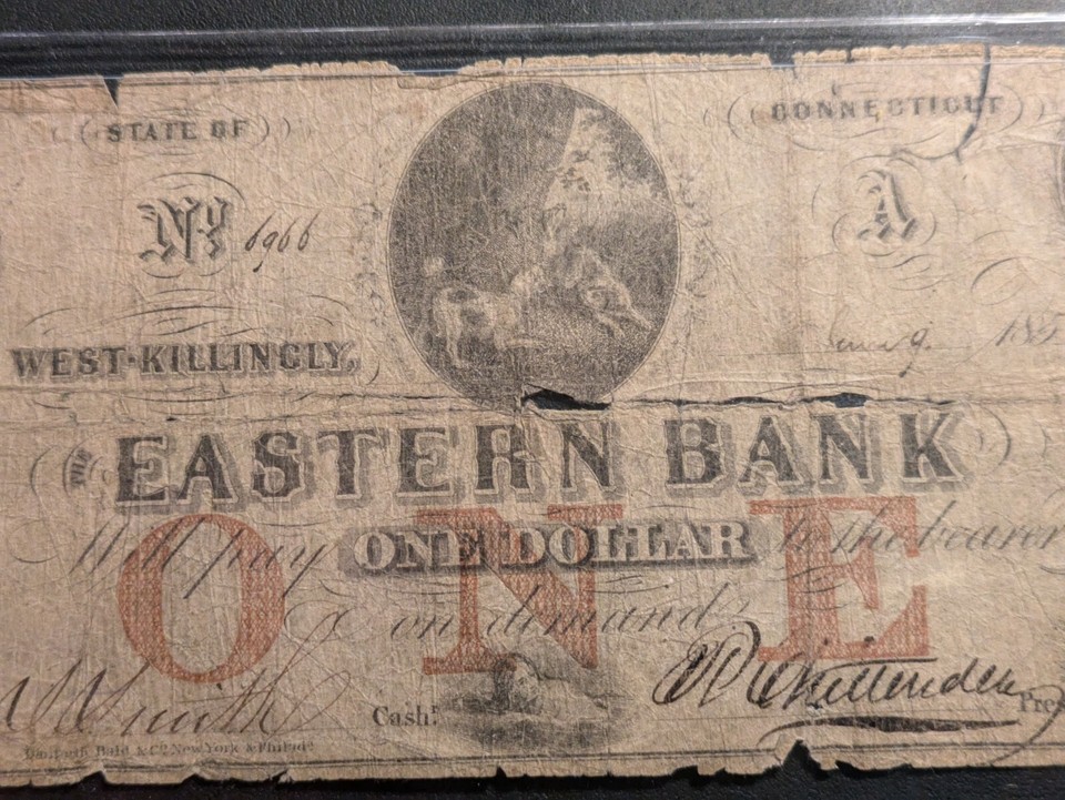 1 1852 West Killingly Connecticut CT Obsolete Currency Bank Note Bill