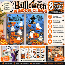 8 Sheets Halloween Window Clings Ghost Pumpkin Cat Bat Boo Reusable Decals Decor