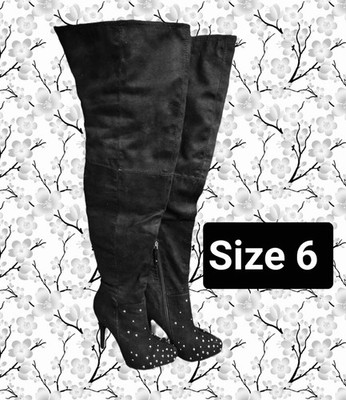 Black Studded Thigh-High Over Knee Boots Pointed Toe Zip Women's Size 6