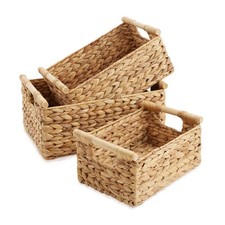 3-Piece Hyacinth Rectangular Storage Basket Set w/ Wood Handles, Natural Wicker