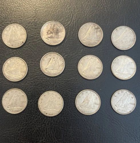 12 Bluenose Schooner Canadian 80% Silver Dimes. 1950-1966.