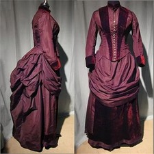 1860s Red Victorian Bustle Afternoon Dresses Theater Reenactment Queen Ball Gown