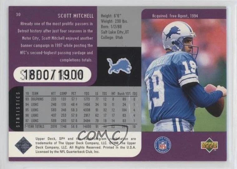 1998 Upper Deck SPx Finite Spectrum /1900 Scott Mitchell #30 - Image 2 of 2