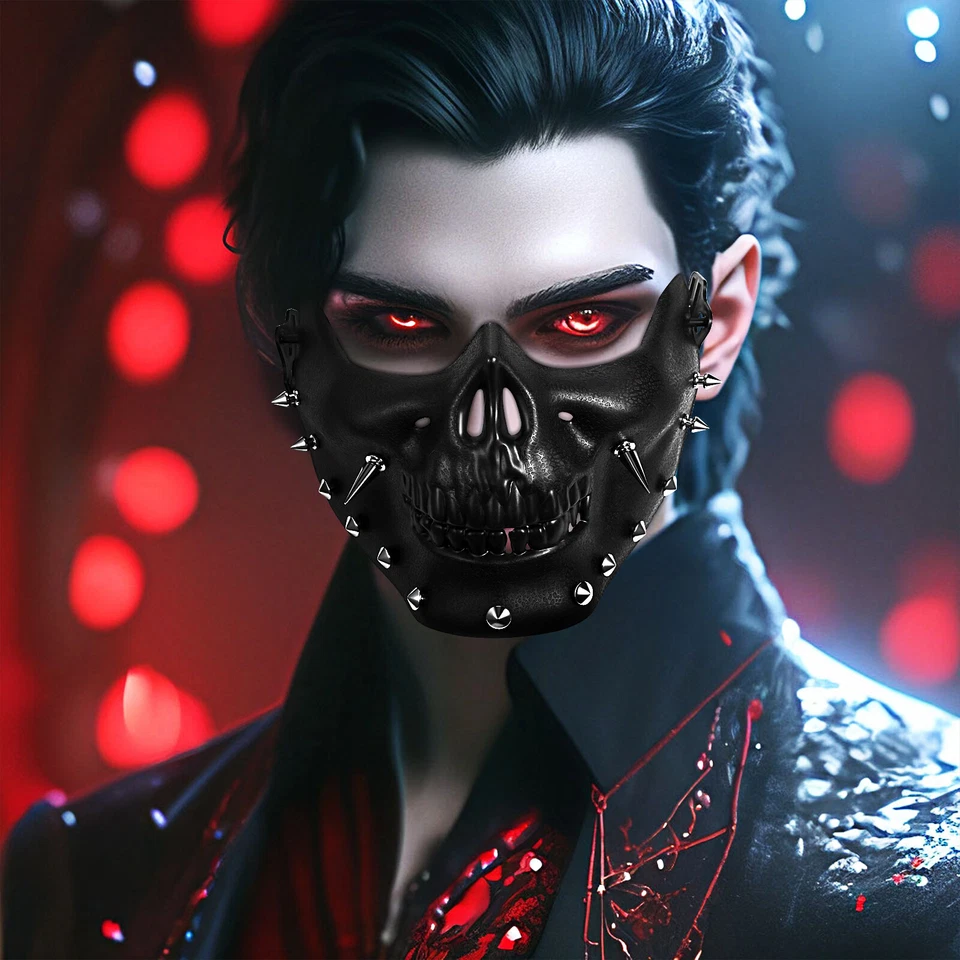 Media máscara facial calavera steampunk cuero PU máscara gótica con púas disfraces de Halloween Foto 3 de 4