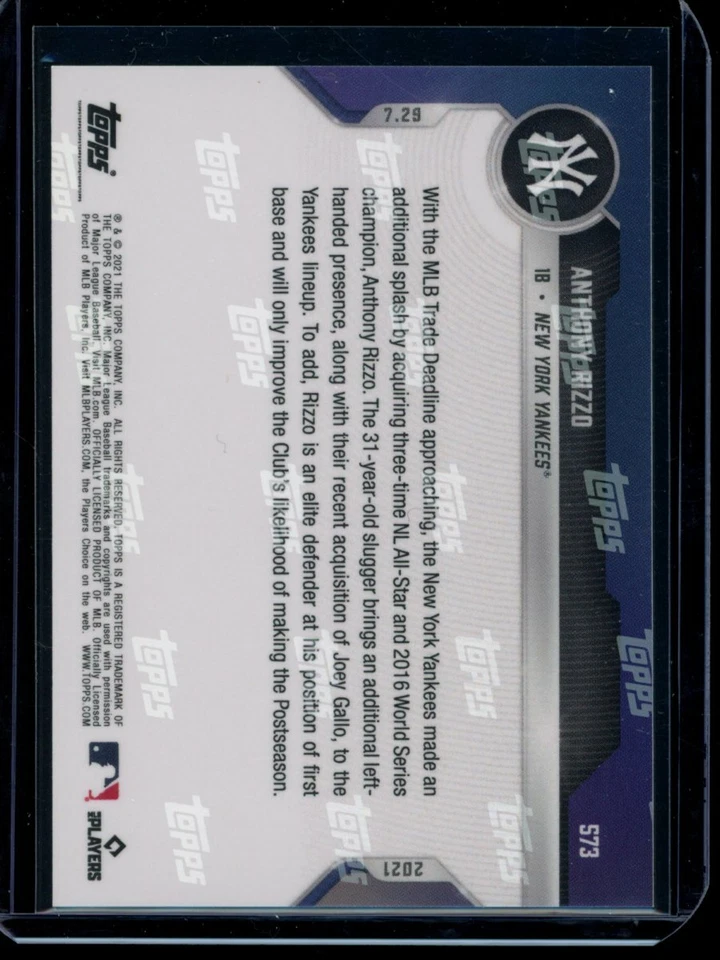 2021 Topps Now #573 Anthony Rizzo Blue Parallel Card #d /49 - Image 2 of 2