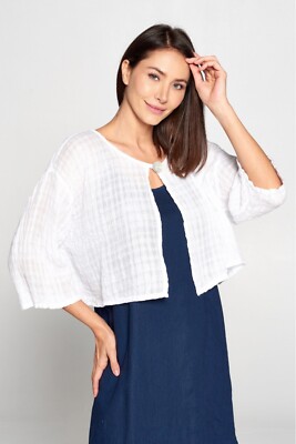 CR2-348 HLT348 White Small NWT Match Point Linen Shirt Blouse Bolero Waffle