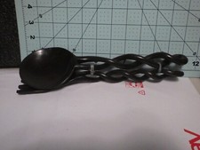 vintage salad servers hand carved piece dark hard wood servers spoon fork D 