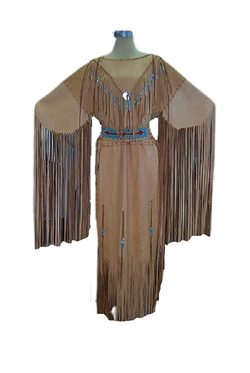 Mujeres Beige Cuero Flecos Largos Vestido de Boda Cinturón con Cuentas Powwow Regalia WD208