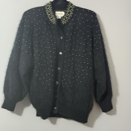 Vintage Damen kleine Kaninchenhaar Strickjacke Knopfleiste Pullover Perlen Jacke Angora - Bild 2 von 24