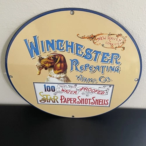 VINTAGE WINCHESTER SHELL HUNTING COOL DOG GASOLINE OIL PORCELAIN SIGN