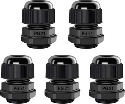 Cable Gland PG21 5 Packs IP68 Waterproof Nylon Cable Connectors with Locknut and