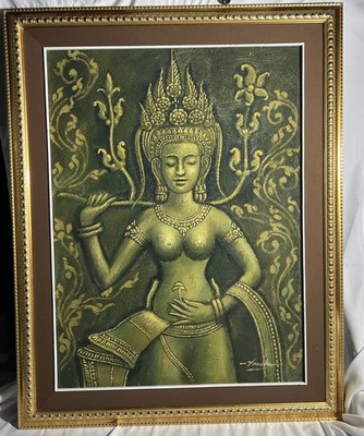 Thai Apsara Goddess Painting by Vannak Framed Gold Relief Art 38x30 