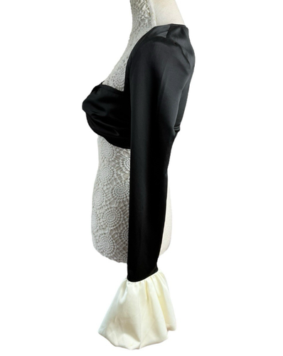 Pretty Little Thing Black Satin Croptop Puffball Sleeve Women’s UK Size 8 - Picture 2 of 8