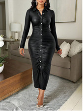 Lady Fitted Dress With Button-Front Gathered Detail Faux Leather FabricSzS M LXL