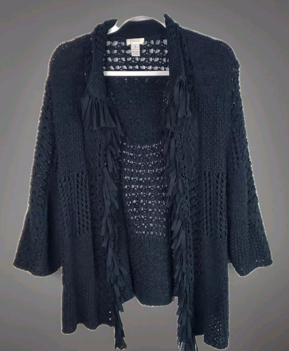 Chico's Black Open Knit Front Crochet Fringe Cardigan Sweater Sz 3 Large (16)