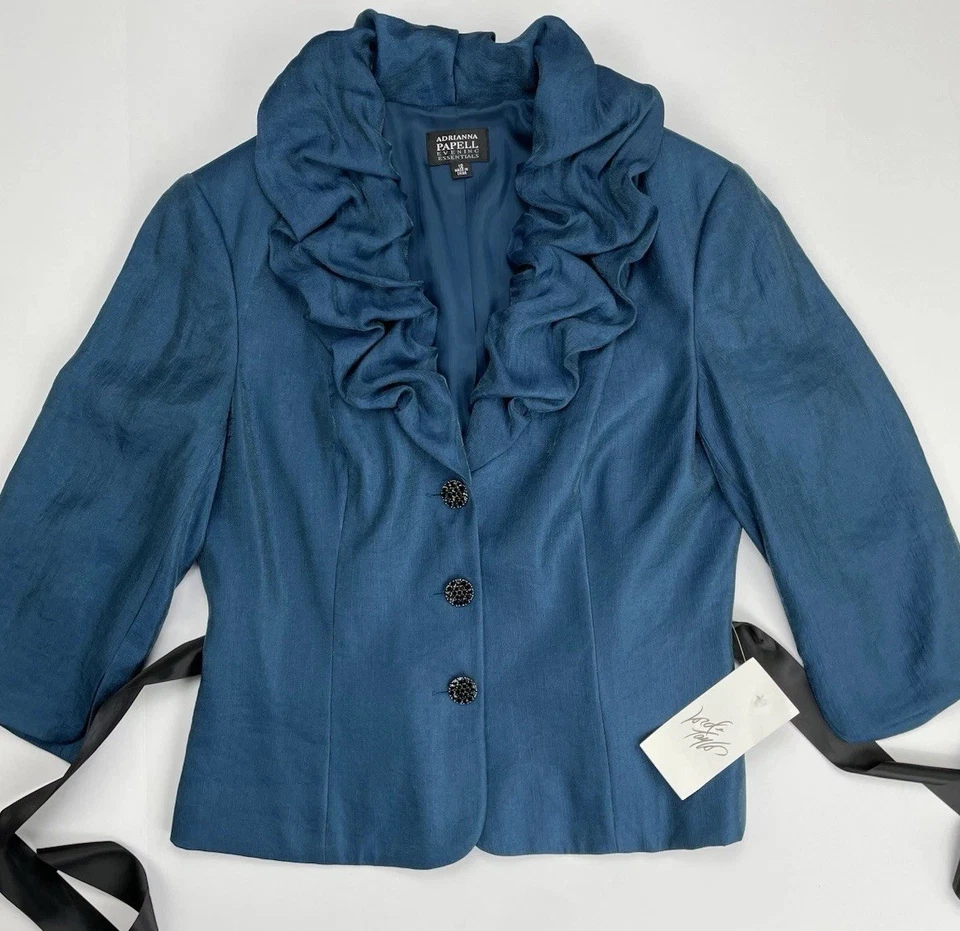 NWT Adrianna Papell Evening Essentials Jacket Teal Blue 3/4 Sleeve Belt Size 12 - Image 3 of 4