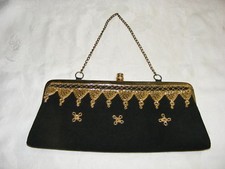 Vintage Black Silk Clutch Purse Hand Stitched Gold Cord