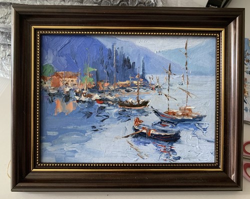 Landscape Harbor Serenity. Sunset. Yachts,sailing boats. ORIGINAL OIL PAINTING. - Picture 4 of 11