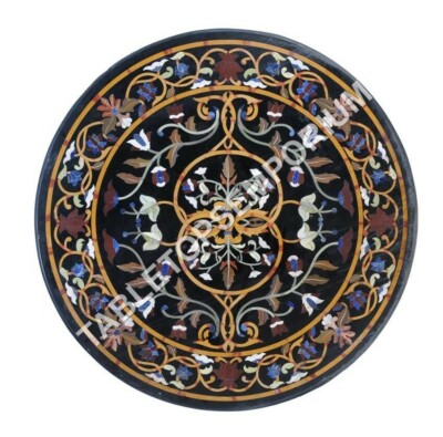 30'' Black Marble Coffee Console Round Table Top Scagliola Inlay Patio Decor E939