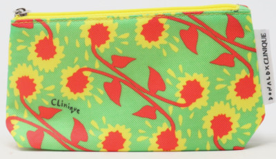 X Donald Clinique Cosmetic Bag Green With Yellow  & Red Funky Flowers Zip Travel