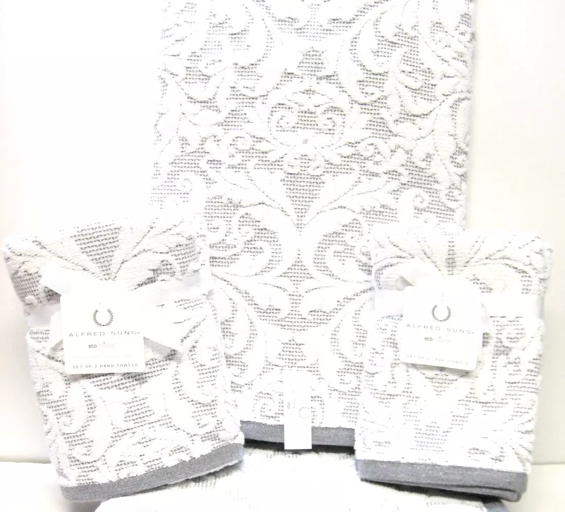 6 PC Towel Set Alfred Sung 2 Bath 2 Hand 2 Fingertip Grey White