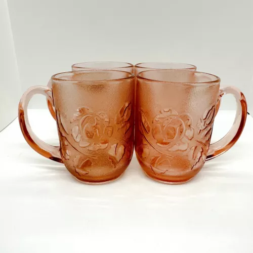VTG Arcoroc France Rosaline Peach Rose Glass 10oz Mugs Set 4 Cottagecore Pastel