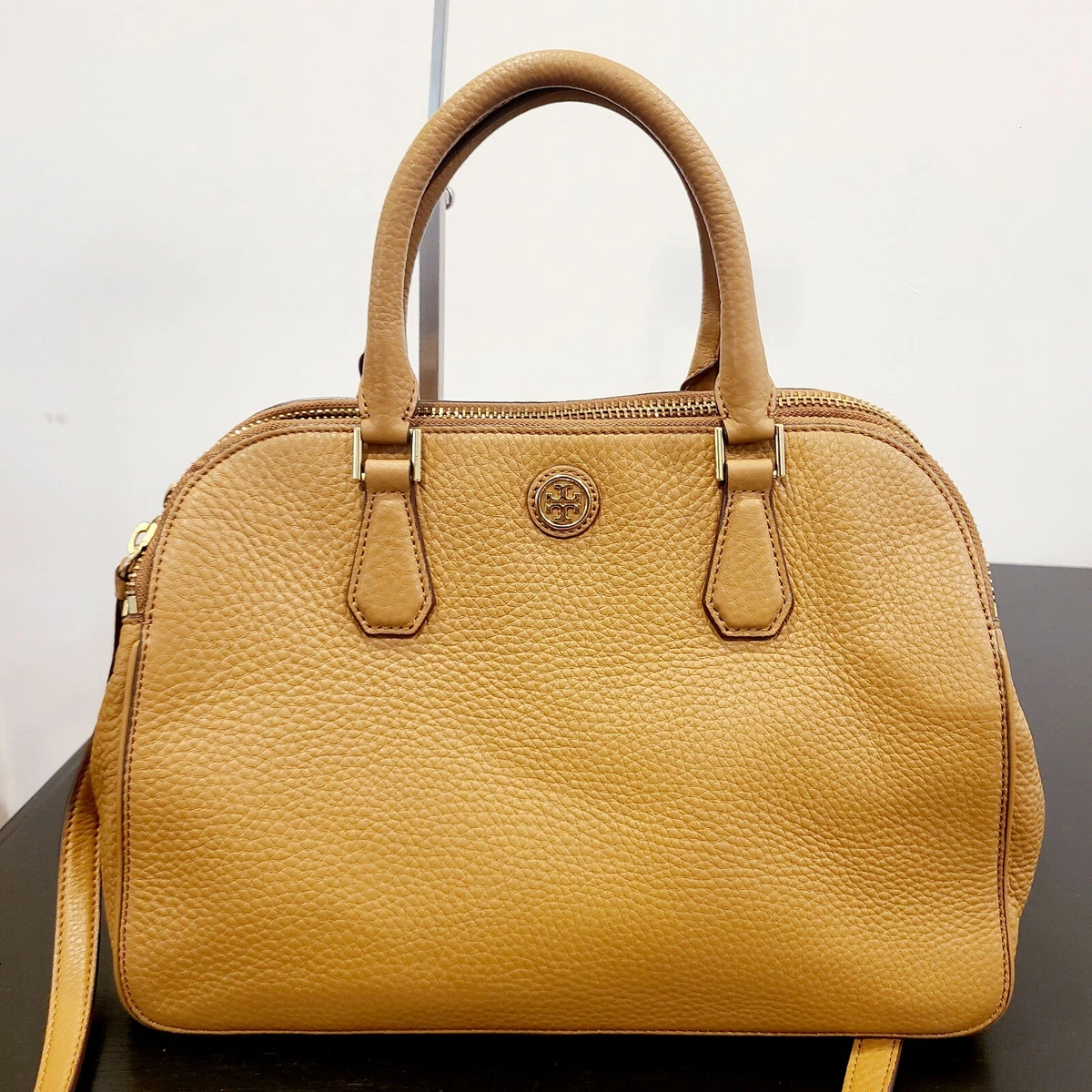 TORY BURCH TIGER'S EYE ROBINSON PEBBLE LEATHER DOUBLE ZIP SATCHEL BAG