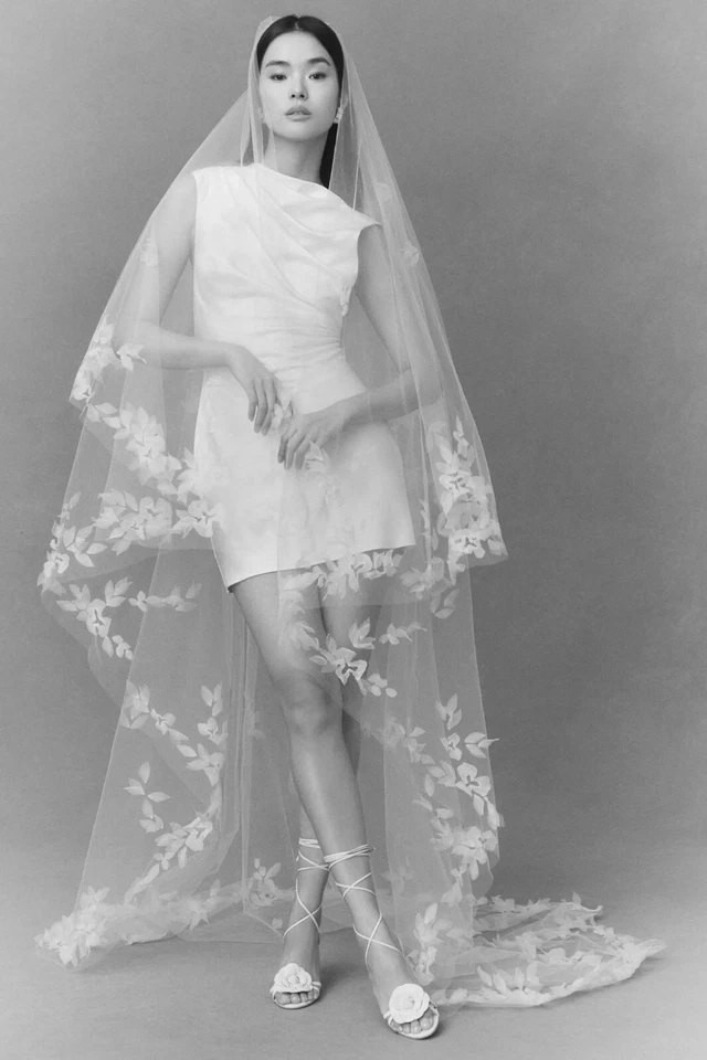 Bridal Wedding Veil Cathedral Length Flower 3D Flower Two Tier  Lace With Comb - Image 4 of 4