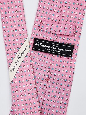 Salvatore Ferragamo Tie Geometric Elephant Print Silk Pink Necktie